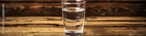 A glass of water sits on a wooden table