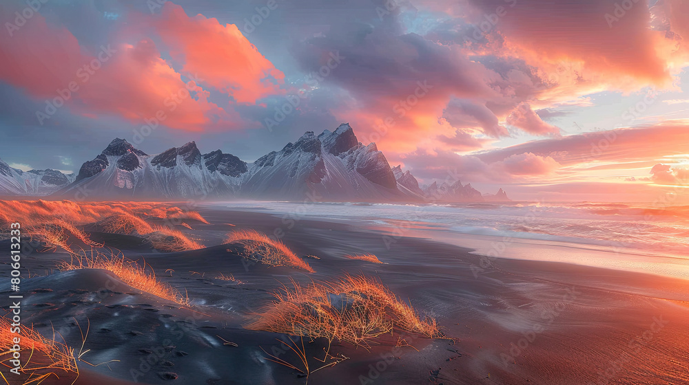 Photo of a black sand beach with orange grass, Vestrahorn mountain in the background. Created with AI