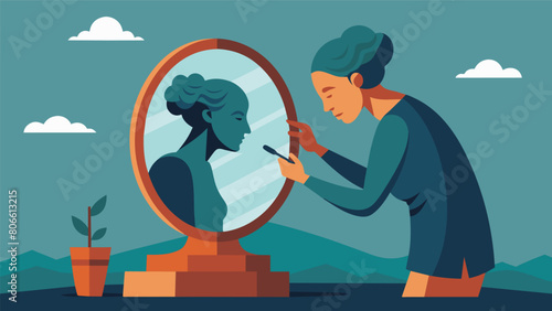 A mirror reflection of a person painstakingly carving out their imperfections creating a more polished and refined version of themselves.. Vector illustration