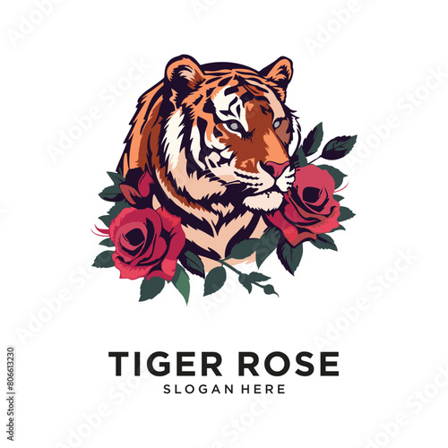 tiger flower rose logo design vector illustration