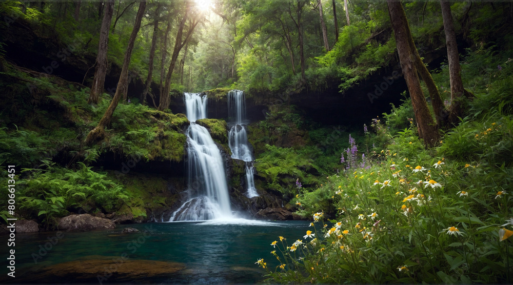 Obraz premium Beauty of a cascading waterfall nestled in a lush, verdant forest.