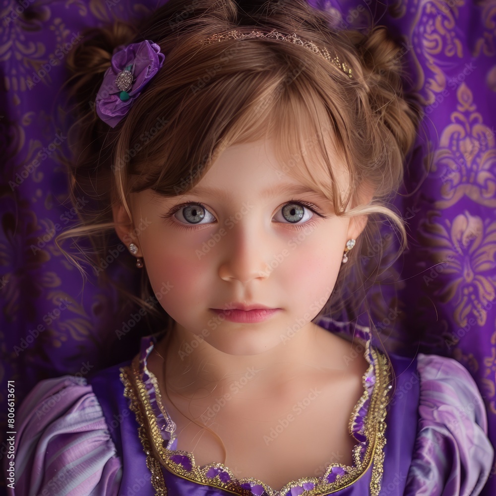 Naklejka premium A young girl's proud stride in a princess costume on purple background. Little girl on purple background, beautiful princess dress . Generative ai
