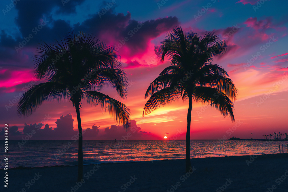 vibrant sunset at beach with palm tree silhoette vibrant sunset at beach with palm tree silhoette