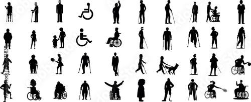 Inclusive, diverse disability silhouettes of people, various abilities, ages. Vector illustrations for accessibility, equality, community. Perfect for design projects, presentations