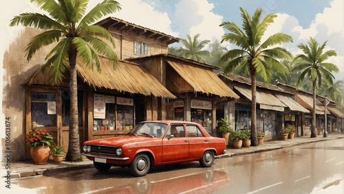 The ambiance of a row of vintage wooden shops in a small town.  Adjacent to the main road, coconut and banana trees flank the shops, while an aged car is situated on the roadway.
