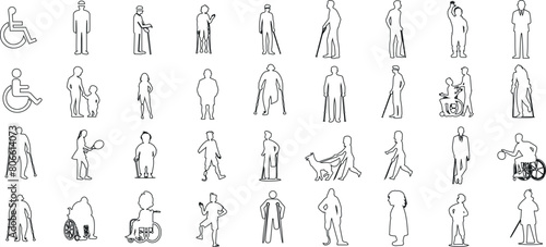 disabled individuals diverse activities Line art illustrations, promoting inclusivity, diversity. Wheelchair, walking aids users, sports, music engagement, simple black outlines