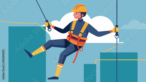 A worker wearing a harness while practicing proper fall protection techniques during a safety drill.. Vector illustration