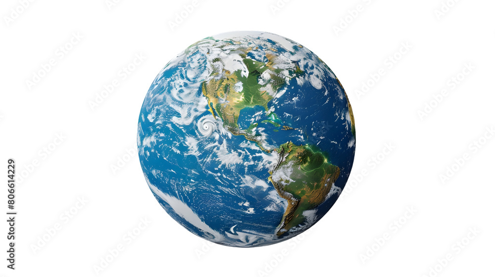 A realistic model of the Earth showing continents and oceans isolated on a white transparent background