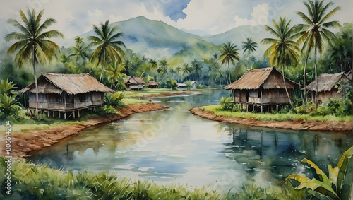 View of beautiful tranquil village life surrounded by greenery and a winding river. A village featuring traditional Malay residences.