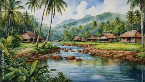 View of beautiful tranquil village life surrounded by greenery and a winding river stream. A village featuring traditional Malay residences nestled amidst coconut groves.