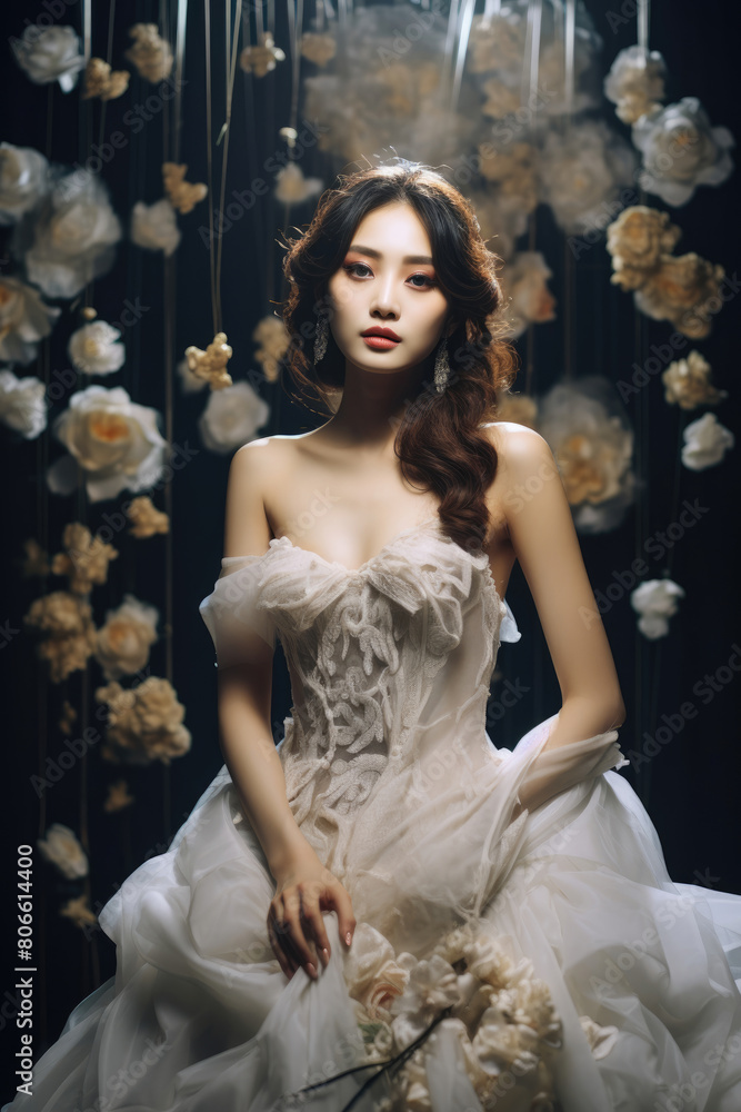 Elegant Asian Bride in White Gown Surrounded by Roses Elegant Asian Bride in White Gown Surrounded by Roses