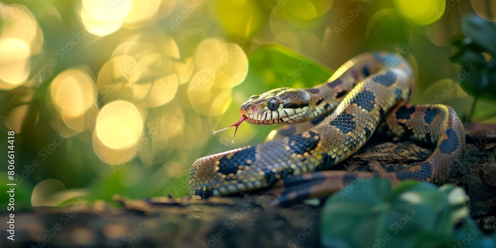 Obraz premium A beautiful and vibrant green snake slithers through the lush foliage of the jungle, its scales glistening in the sunlight.