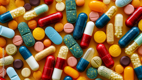 Top view: Array of colorful pills on a yellow surface, depicting diverse medications