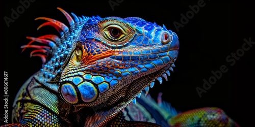 A bright colorful iguana is sitting on a branch. The iguana is blue  green  orange  and yellow. Its eyes are a bright yellow. The background is black.