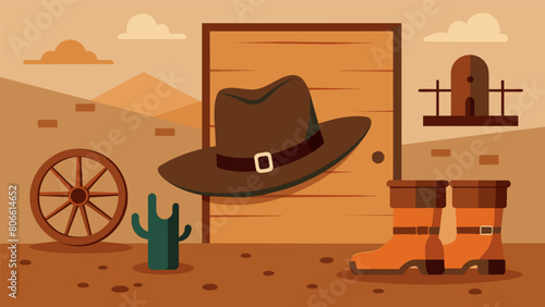Propped up against the wall a dusty saddle cowboy hat and spur collection tells the story of the towns wild west past.. Vector illustration