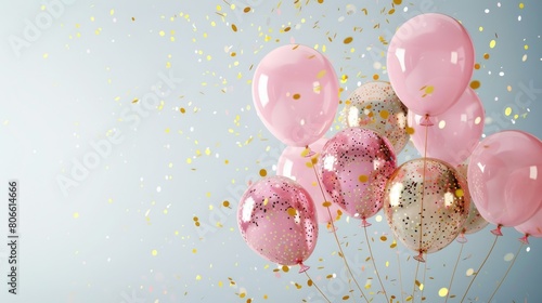 Elegant pink and gold balloons with confetti on white background.