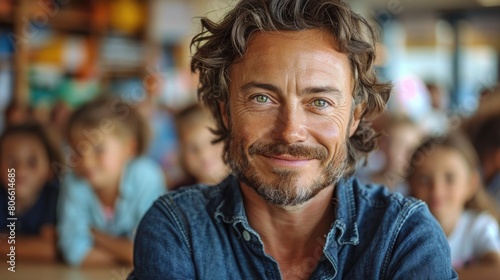 Adult male teacher smiling in front of classroom. World Teachers Day