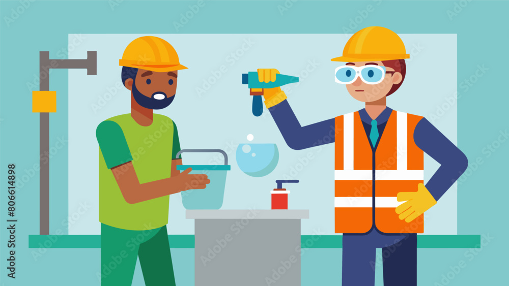 A worker practices using an emergency eye wash station while the instructor explains the importance of immediate response for chemical exposure in. Vector illustration A worker practices using an emergency eye wash station while the instructor explains the importance of immediate response for chemical exposure in. Vector illustration
