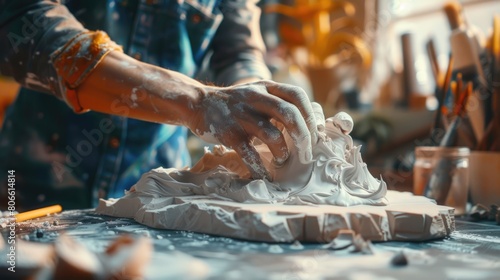 Artist's Hands Molding Clay Sculpture in Workshop photo