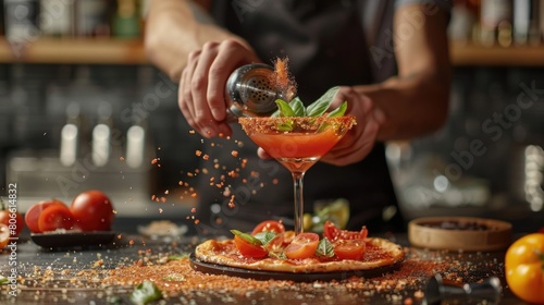 Fresh Tomato Cocktail Preparation by Bartender at Bar photo