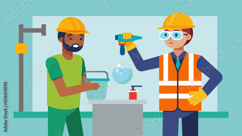 A worker practices using an emergency eye wash station while the instructor explains the importance of immediate response for chemical exposure in. Vector illustration