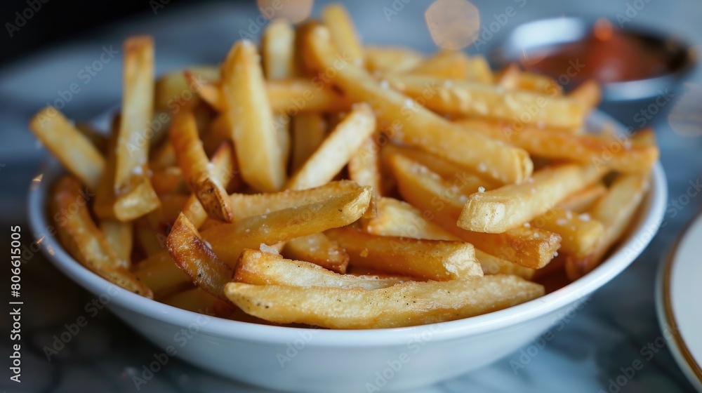 Golden crispy french fries in a black ceramic bowl. High-angle view of fast food concept. Golden crispy french fries in a black ceramic bowl. High-angle view of fast food concept.