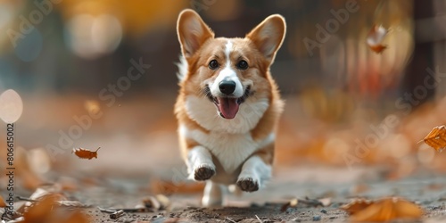 A happy corgi dog running in the park and looks very excited.