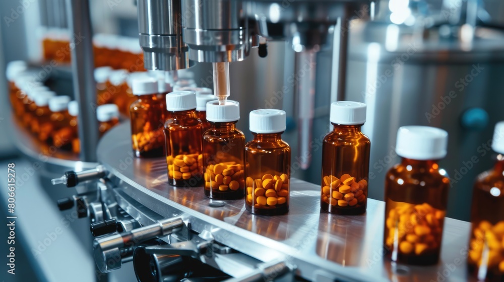 Automated bottling line for orange pills in amber bottles. Industrial close-up photography. Automated bottling line for orange pills in amber bottles. Industrial close-up photography.
