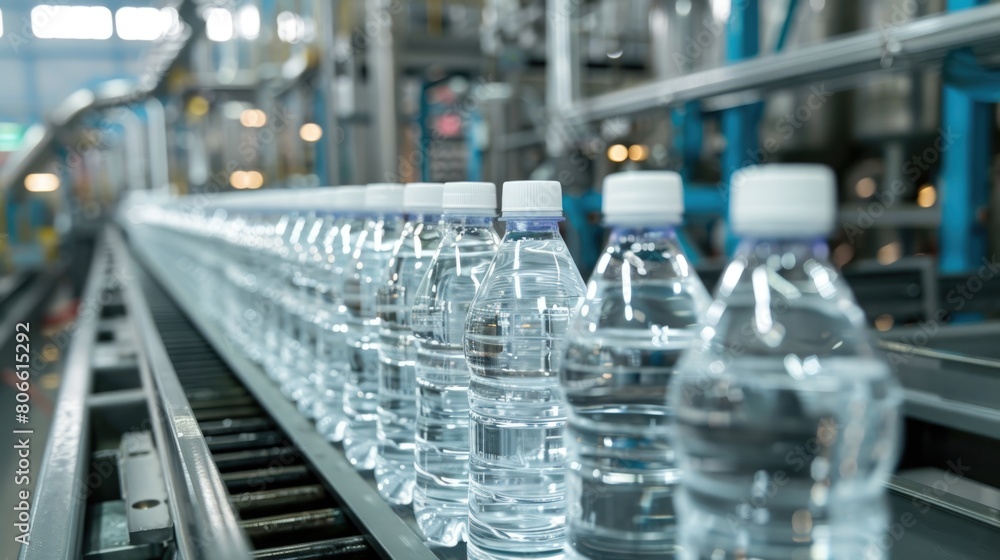 Bottled water production line in a factory setting. Industrial photography. Bottled water production line in a factory setting. Industrial photography.
