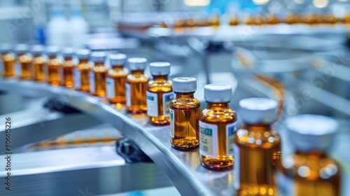 Pharmaceutical production line with amber glass vials on conveyor belt.