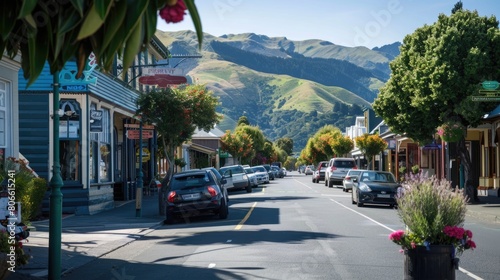 Fototapeta Naklejka Na Ścianę i Meble -  Scenic view of a charming small town street lined with colorful shops and parked cars