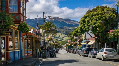 Fototapeta Naklejka Na Ścianę i Meble -  Scenic view of a charming small town street lined with colorful shops and parked cars