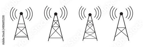 Antenna icon set. Radio antenna icon. Communication towers collection. Radio tower icons. Transmitter receiver wireless signal icons. Vector EPS 10