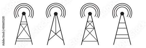 Antenna icon set. Radio antenna icon. Communication towers collection. Radio tower icons. Transmitter receiver wireless signal icons. Vector EPS 10