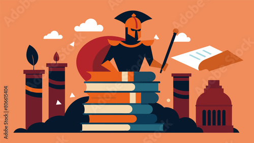 The dusty remnants of past gladiators now rep by stacks of ancient texts and mcripts representing the wealth of knowledge and wisdom of Stoic. Vector illustration