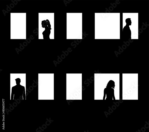 Vektor Silhouetten Paare getrennt in der Wohnung - Körper - Beziehungskriese - Ehekriese, schweigen - Streit und Trennung - Alleine in der Partnerschaft sein - Psychologie und Therapie