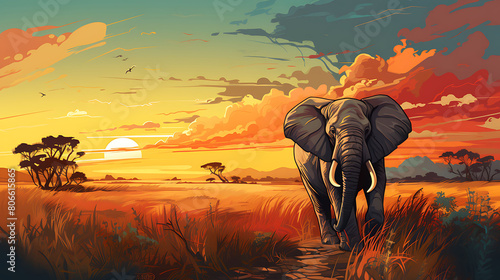 A vector graphic of an elephant in the savannah.