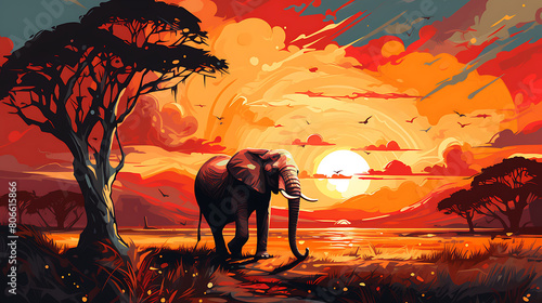 A vector graphic of an elephant in the savannah.