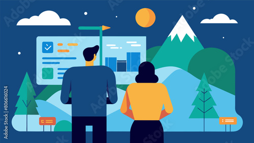 The two pause to look at the site from a distance discussing the overall aesthetic and design elements that will tie the project together.. Vector illustration