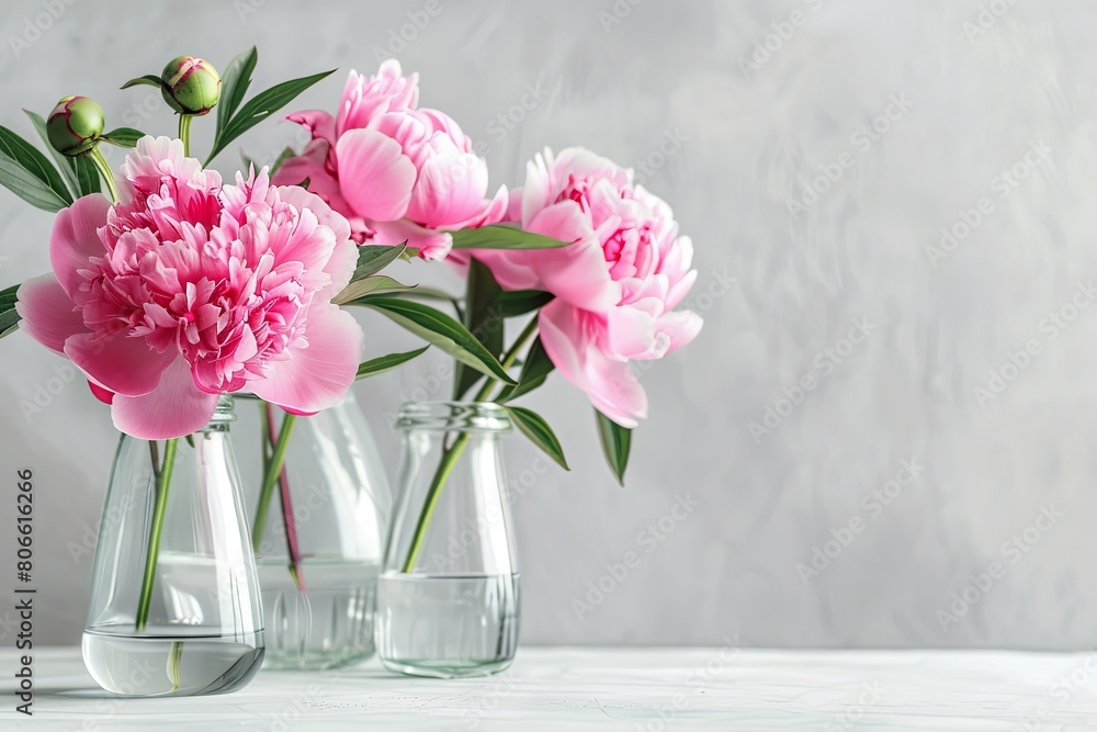 Obraz premium Sunlit peonies in glass vases on a marble window sill