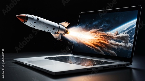 Laptop Launch: Space Rocket Bursting Out