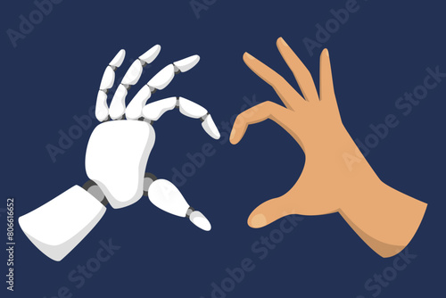 Robot and human hands making a heart shape vector illustration. Concept of artificial intelligence and modern technology in human lives. Futuristic illustration, partnership between people and robots.