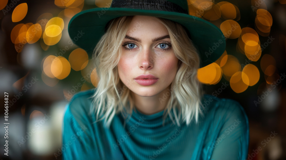 A studio portrait of a beautiful blond woman wearing a brimmed green and black hat and a greenish-blue top. Flawless complexion touting natural makeing, cosmetics, and skin care. A studio portrait of a beautiful blond woman wearing a brimmed green and black hat and a greenish-blue top. Flawless complexion touting natural makeing, cosmetics, and skin care.