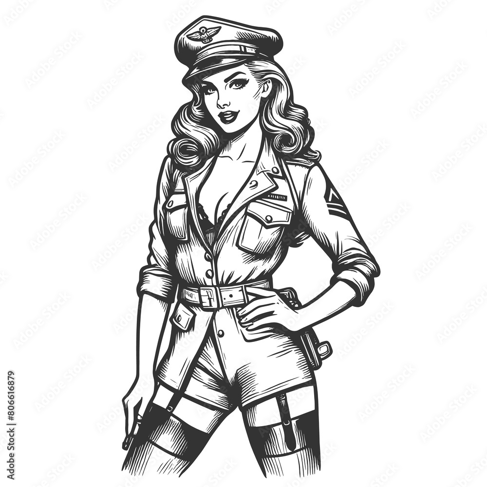 Fototapeta premium pin-up girl dressed in a military uniform, projecting confidence and allure sketch engraving generative ai fictional character raster illustration. Scratch board imitation. Black and white image.