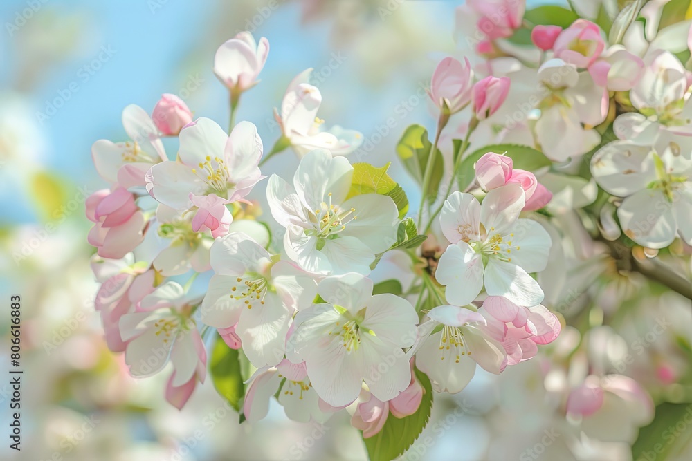 Fototapeta premium Spring blossoms with soft pink petals against a blue sky