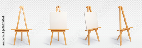 3D set of easel stands isolated on transparent background. Vector realistic illustration of wooden tripod with blank white canvas, front and side view, art studio or painting school design elements