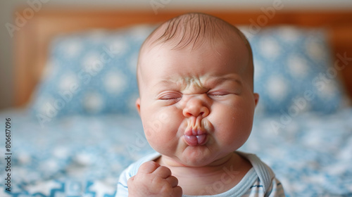 Baby with Disgust: Nose wrinkles, lip curls, revulsion evident, recoiling in distaste