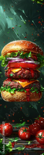 Ecofriendly cultured meat advertisement concept, featuring a sleek burger on a vibrant green background