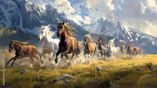 Thunderous herd gallops, freedom in their wake, untamed hearts against a mountain backdrop photo