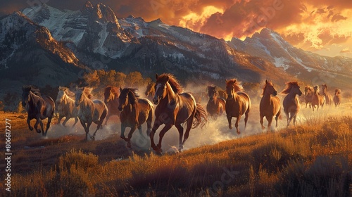 Thunderous herd gallops, freedom in their wake, untamed hearts against a mountain backdrop photo